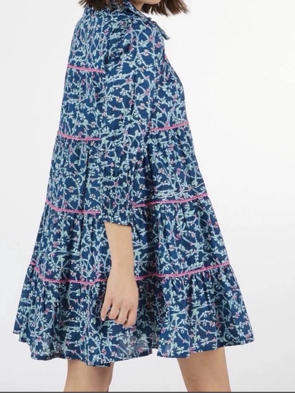 NWT Simply Southern Navy Blue Floral Tiered Button-Up Mini Dress with Pink Trim - Picture 3 of 5